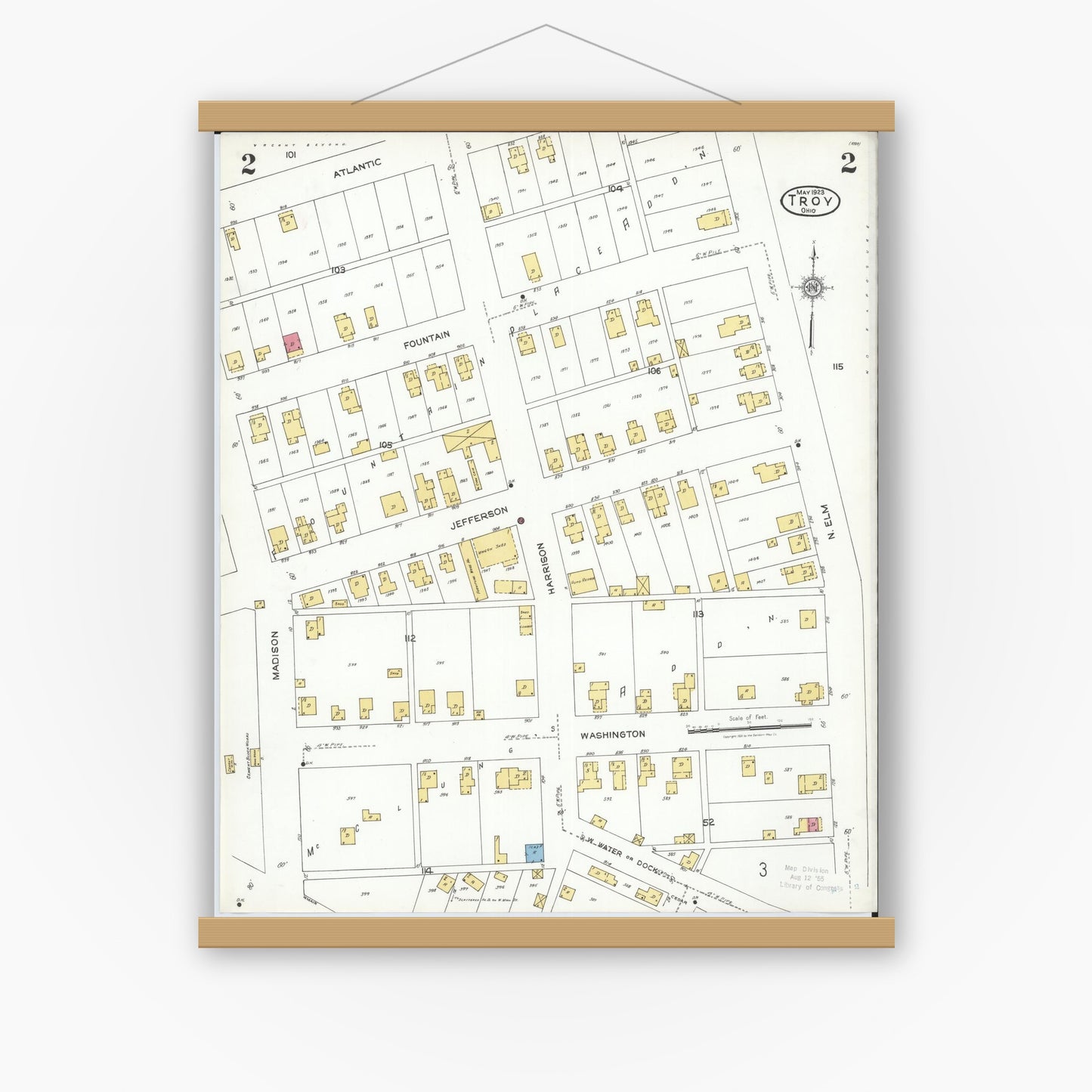Old map wall art mockup — magnetic wood frame on white wall — Sanborn Fire Insurance Map from Troy, Miami County, Ohio (1923), Sheet #0002