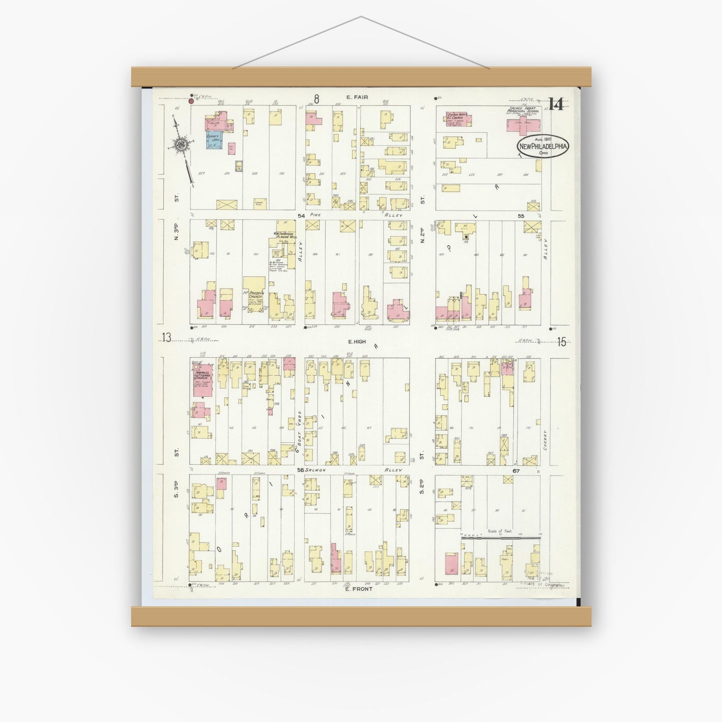 Old map wall art mockup — magnetic wood frame on white wall — Sanborn Fire Insurance Map from New Philadelphia, Tuscarawas County, Ohio (1910), Sheet #0014