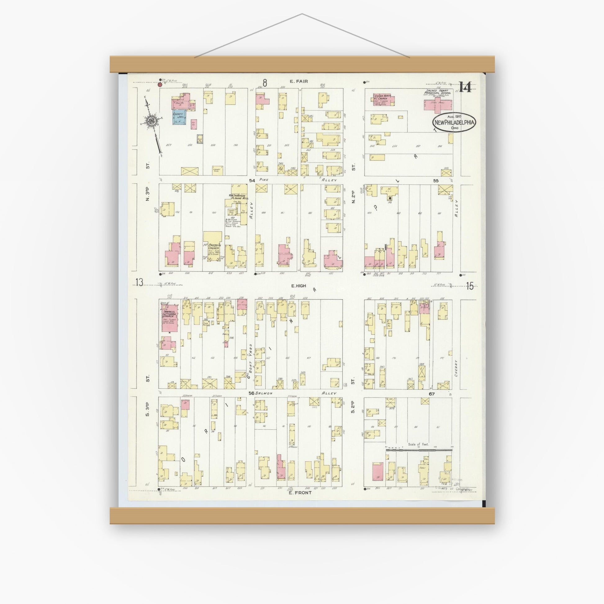 Old map wall art mockup — magnetic wood frame on white wall — Sanborn Fire Insurance Map from New Philadelphia, Tuscarawas County, Ohio (1910), Sheet #0014