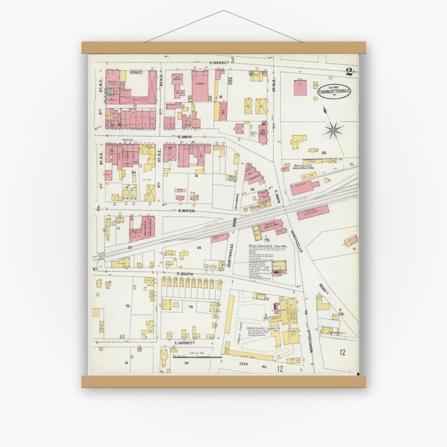 Old map wall art mockup — magnetic wood frame on white wall — Sanborn Fire Insurance Map from Charlottesville, Independent Cities, Virginia (1902), Sheet #0002