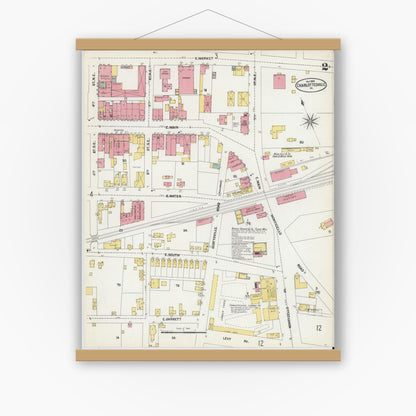 Old map wall art mockup — magnetic wood frame on white wall — Sanborn Fire Insurance Map from Charlottesville, Independent Cities, Virginia (1902), Sheet #0002