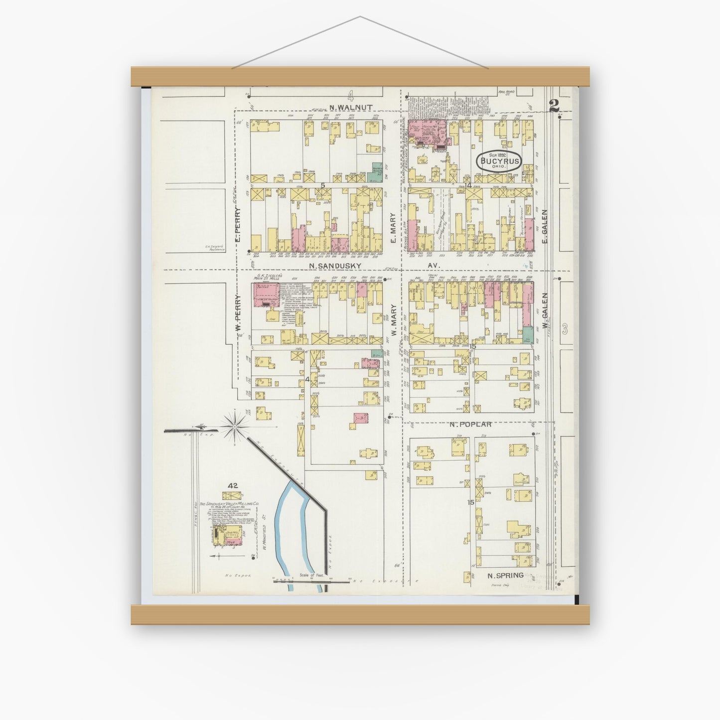 Old map wall art mockup — magnetic wood frame on white wall — Sanborn Fire Insurance Map from Bucyrus, Crawford County, Ohio (1892), Sheet #0002