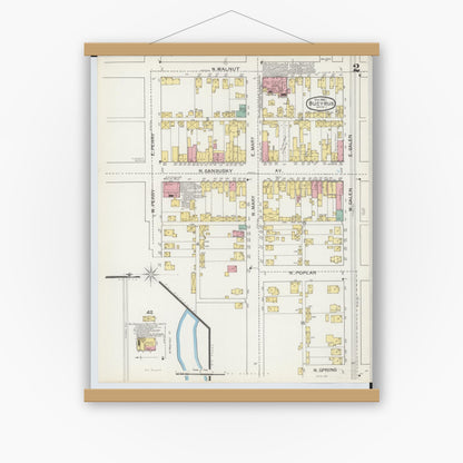 Old map wall art mockup — magnetic wood frame on white wall — Sanborn Fire Insurance Map from Bucyrus, Crawford County, Ohio (1892), Sheet #0002