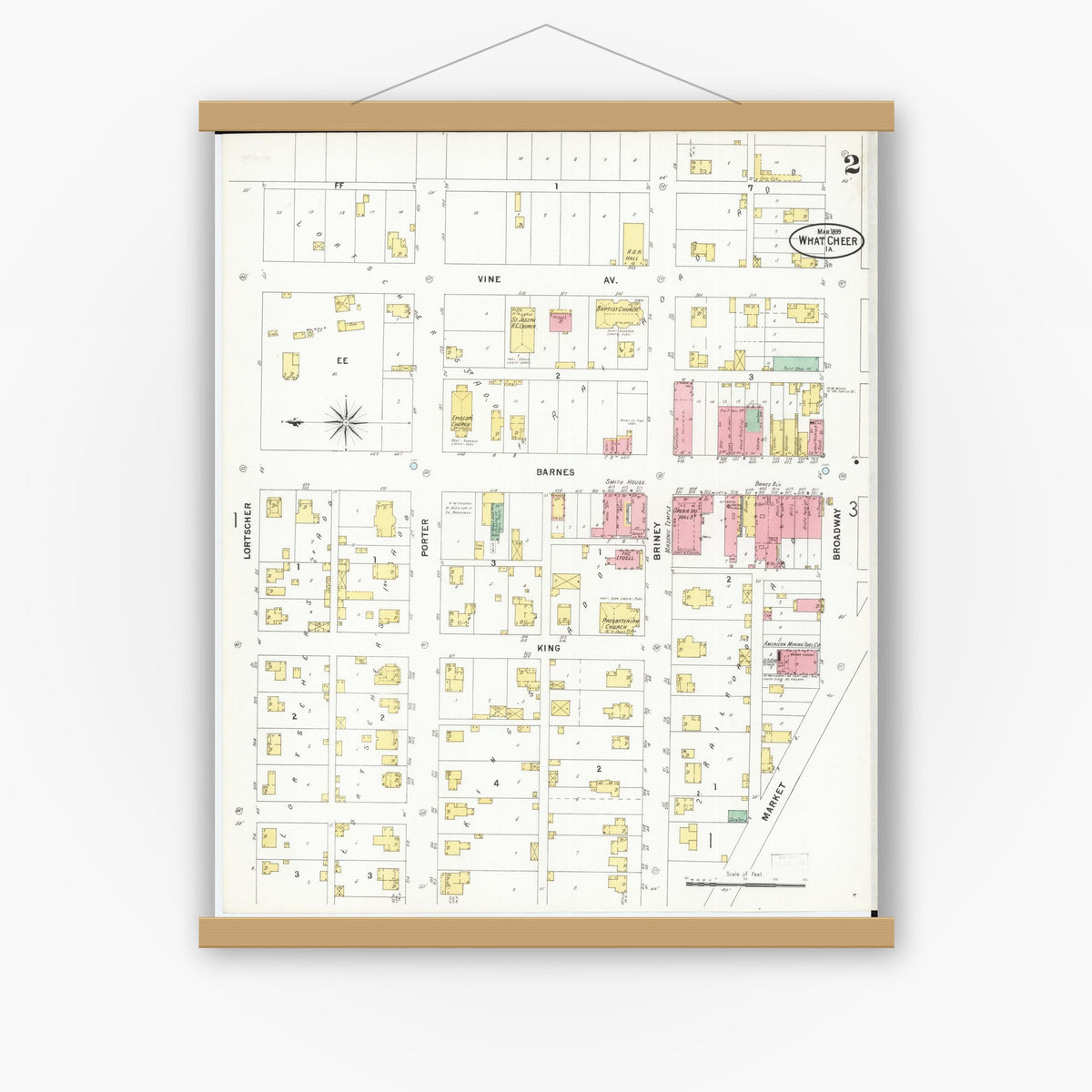 Old map wall art mockup — magnetic wood frame on white wall — Sanborn Fire Insurance Map from What Cheer, Keokuk County, Iowa (1899), Sheet #0002
