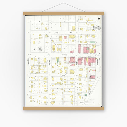 Old map wall art mockup — magnetic wood frame on white wall — Sanborn Fire Insurance Map from What Cheer, Keokuk County, Iowa (1899), Sheet #0002