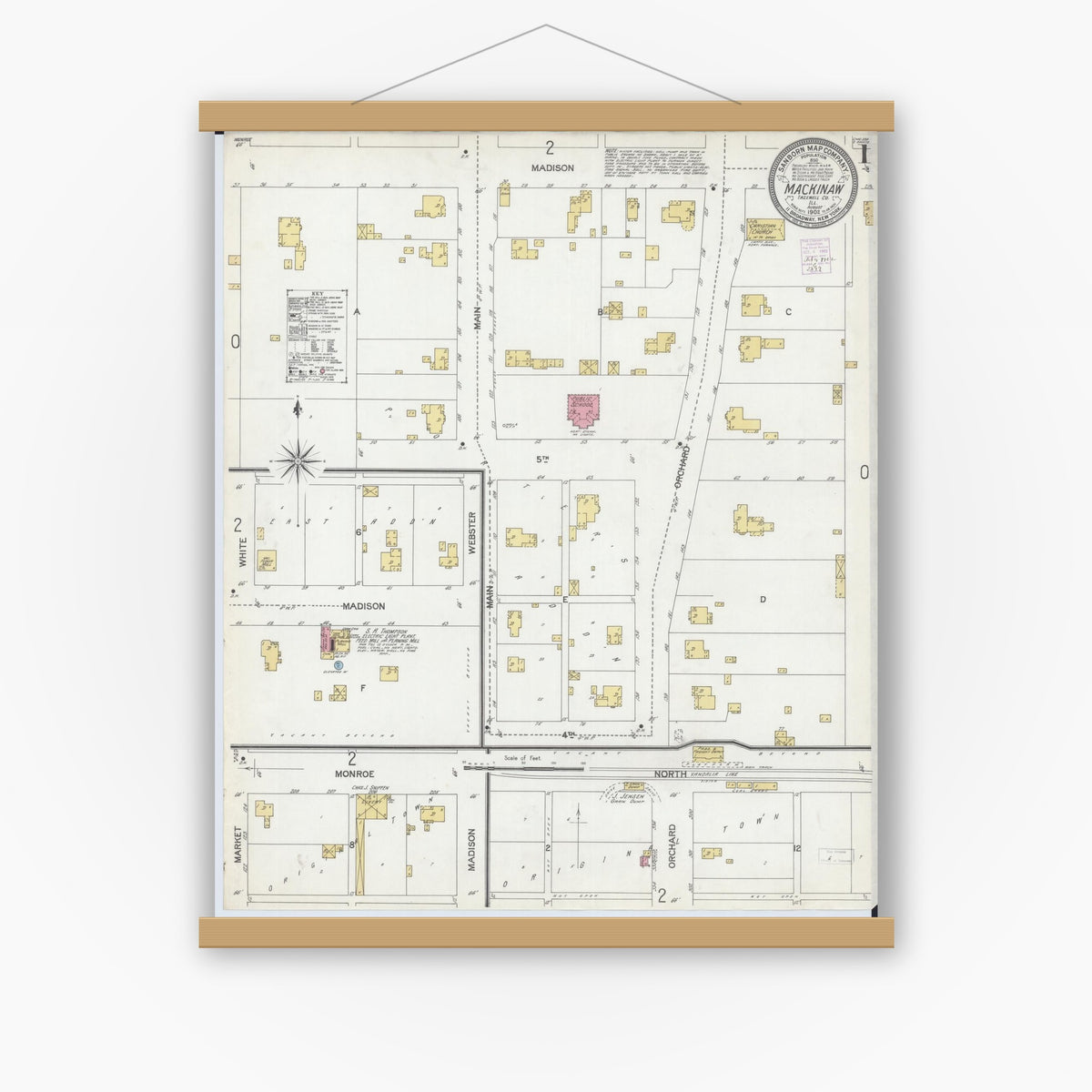 Old map wall art mockup — magnetic wood frame on white wall — Sanborn Fire Insurance Map from Mackinaw, Tazewell County, Illinois (1902), Sheet #0001
