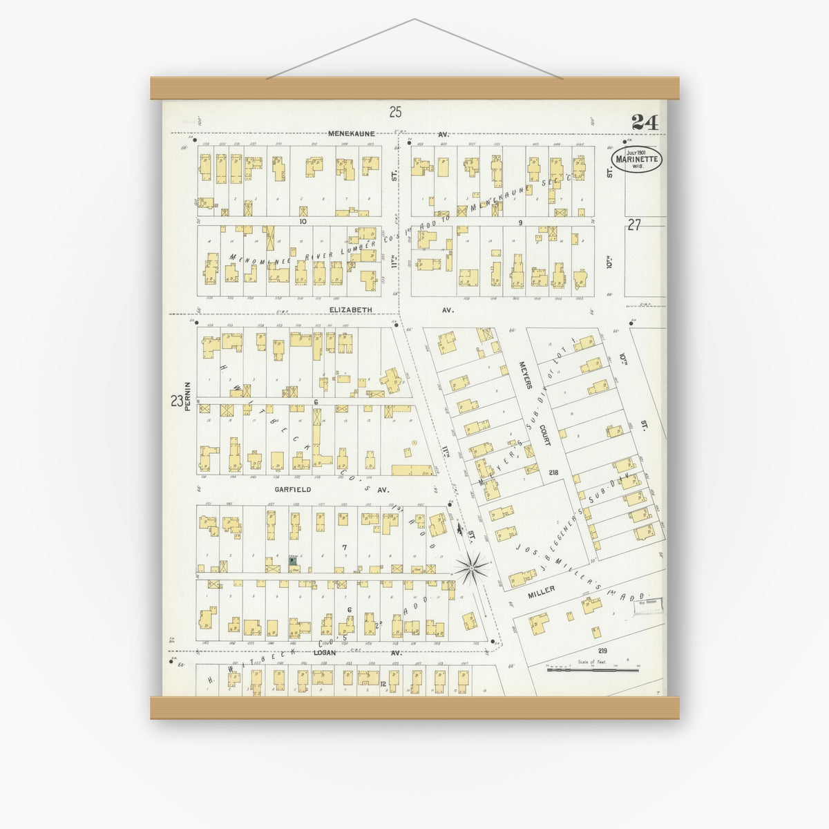 Old map wall art mockup — magnetic wood frame on white wall — Sanborn Fire Insurance Map from Marinette, Marinette County, Wisconsin (1901), Sheet #0024