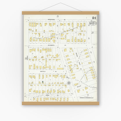 Old map wall art mockup — magnetic wood frame on white wall — Sanborn Fire Insurance Map from Marinette, Marinette County, Wisconsin (1901), Sheet #0024