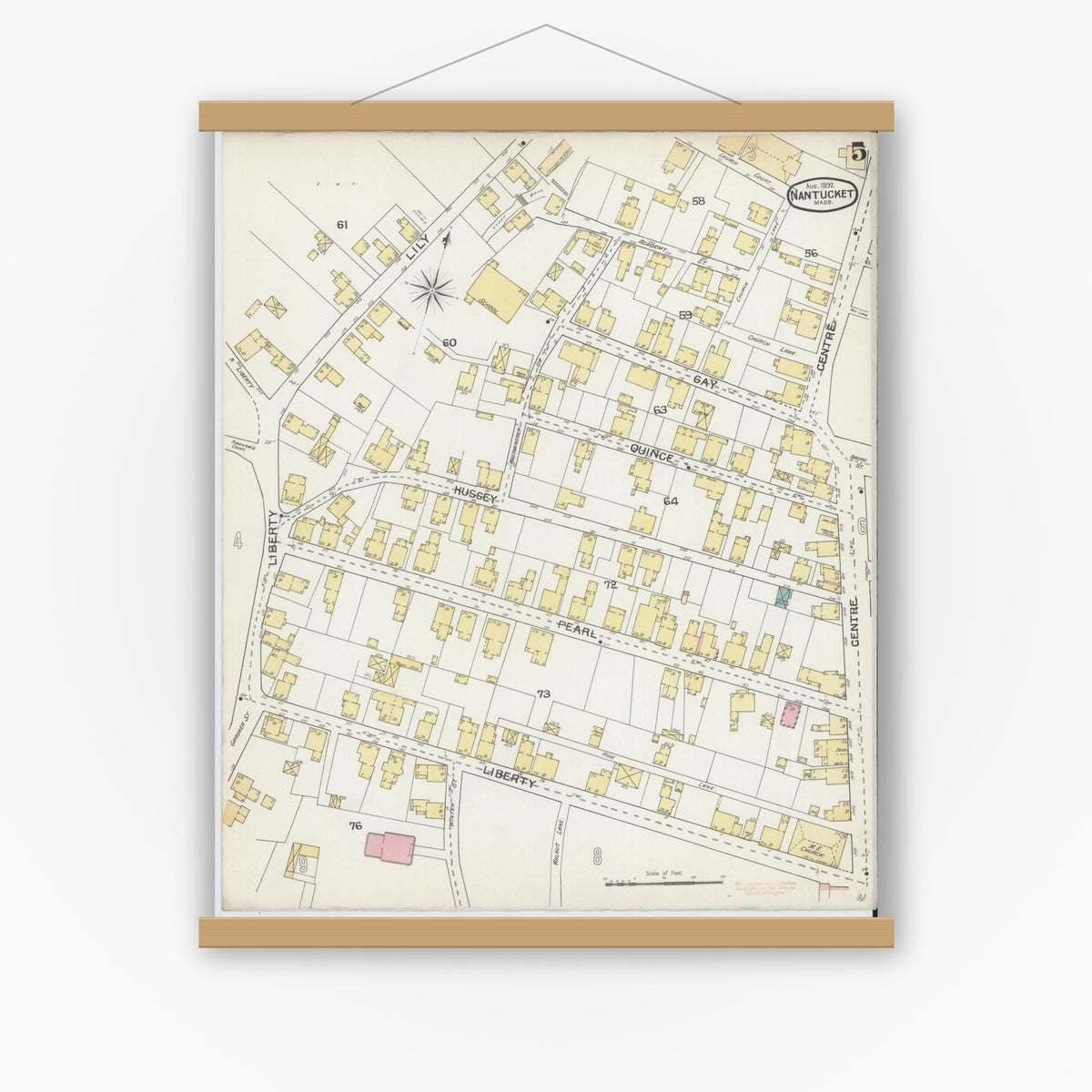 Old map wall art mockup — magnetic wood frame on white wall — Sanborn Fire Insurance Map from Nantucket, Nantucket County, Massachusetts (1892), Sheet #0005
