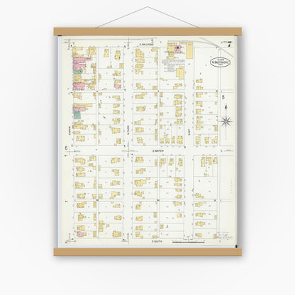 Old map wall art mockup — magnetic wood frame on white wall — Sanborn Fire Insurance Map from North Baltimore, Wood County, Ohio (1908), Sheet #0007