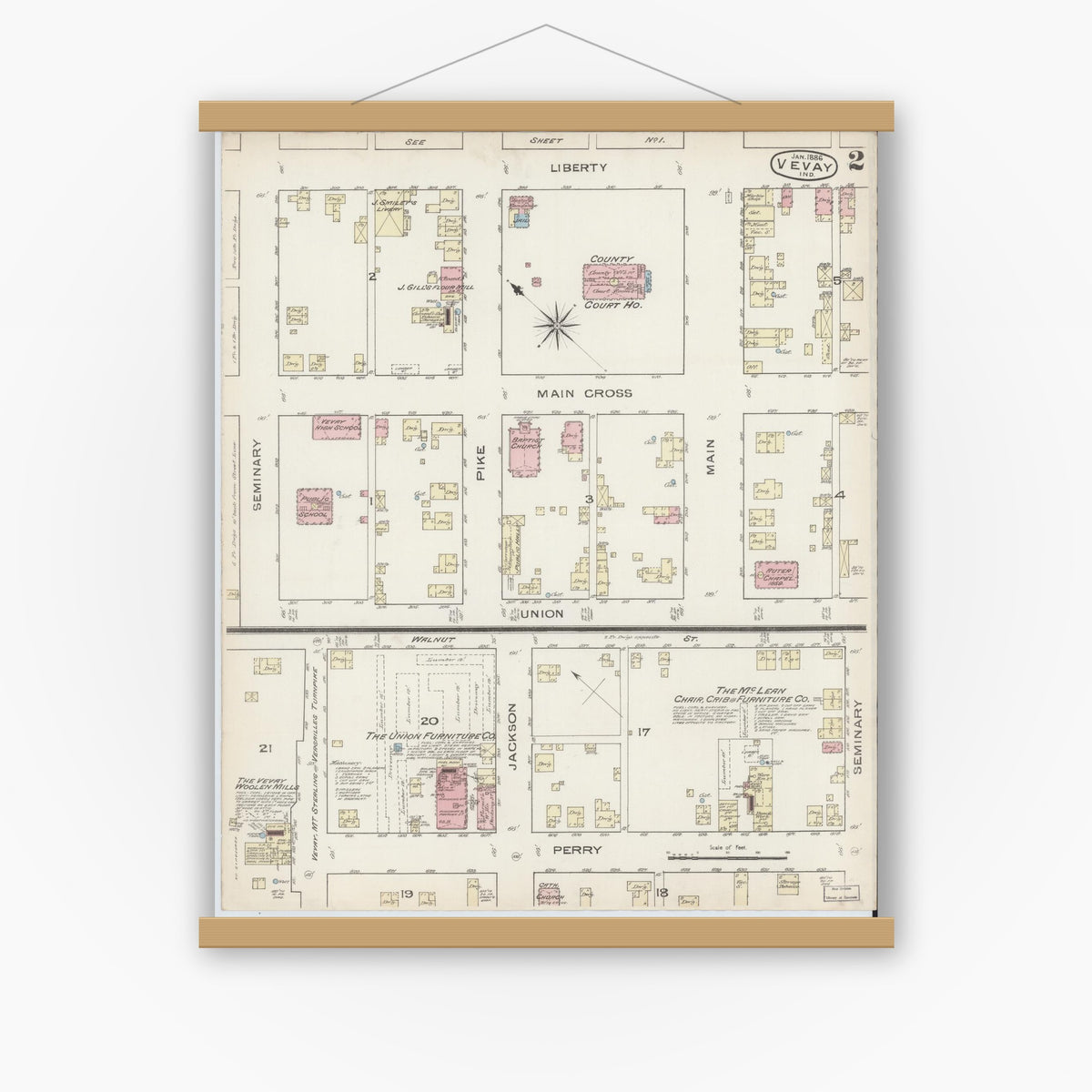 Old map wall art mockup — magnetic wood frame on white wall — Sanborn Fire Insurance Map from Vevay, Switzerland County, Indiana (1886), Sheet #0002
