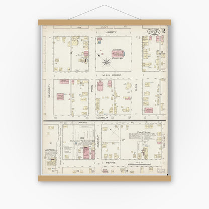 Old map wall art mockup — magnetic wood frame on white wall — Sanborn Fire Insurance Map from Vevay, Switzerland County, Indiana (1886), Sheet #0002