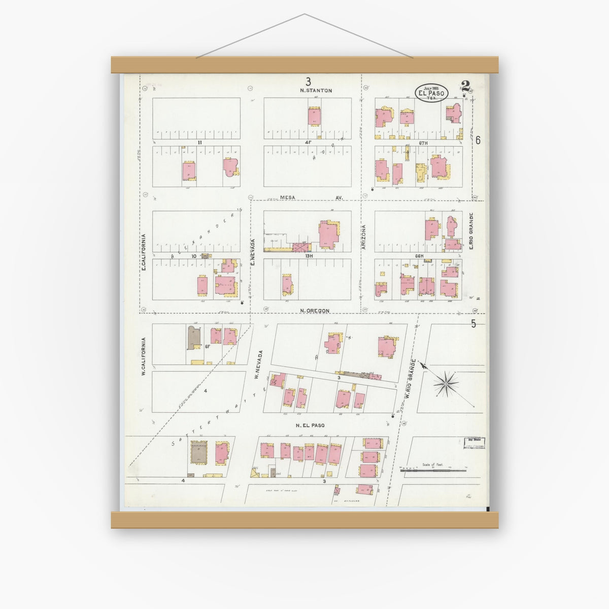 Old map wall art mockup — magnetic wood frame on white wall — Sanborn Fire Insurance Map from El Paso, El Paso County, Texas (1905), Sheet #0002