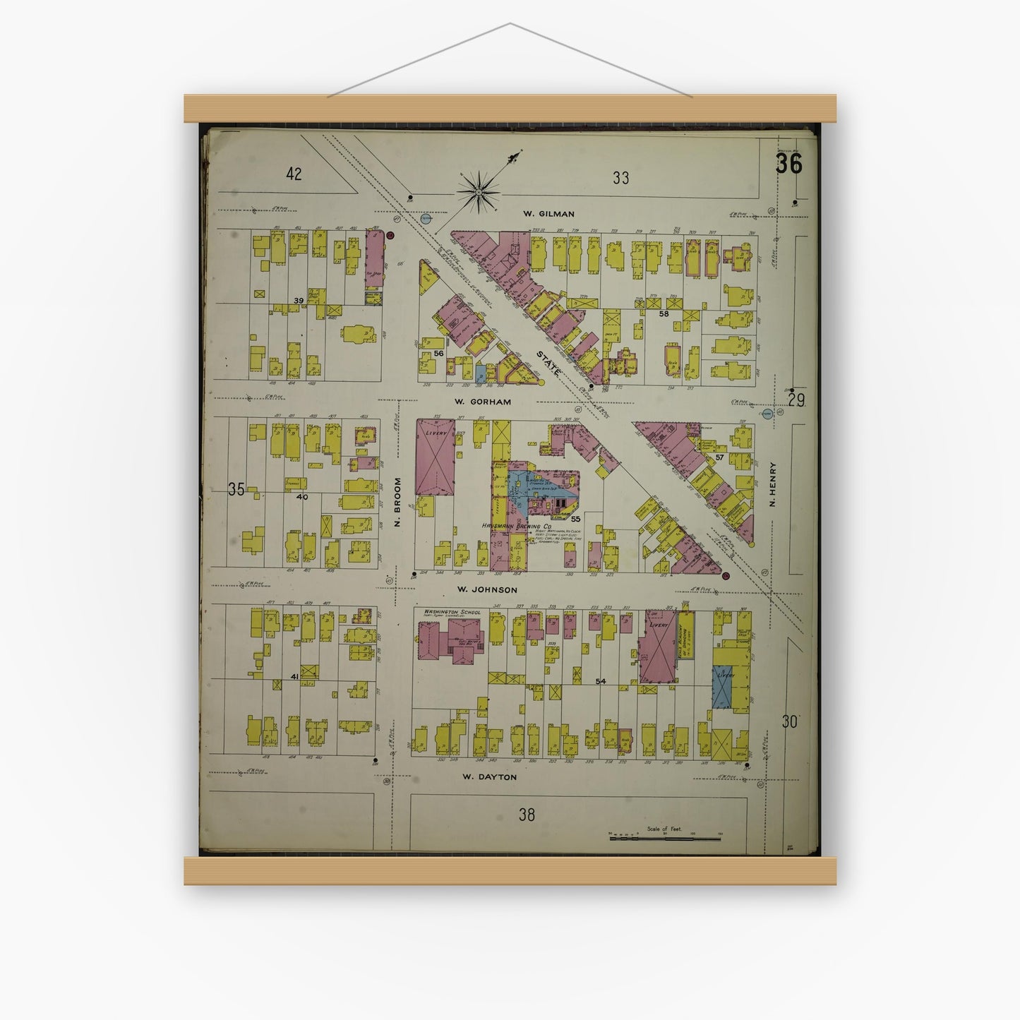Old map wall art mockup — magnetic wood frame on white wall — Sanborn Fire Insurance Map from Madison, Dane County, Wisconsin (1908), Sheet #0036