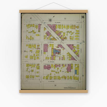 Old map wall art mockup — magnetic wood frame on white wall — Sanborn Fire Insurance Map from Madison, Dane County, Wisconsin (1908), Sheet #0036