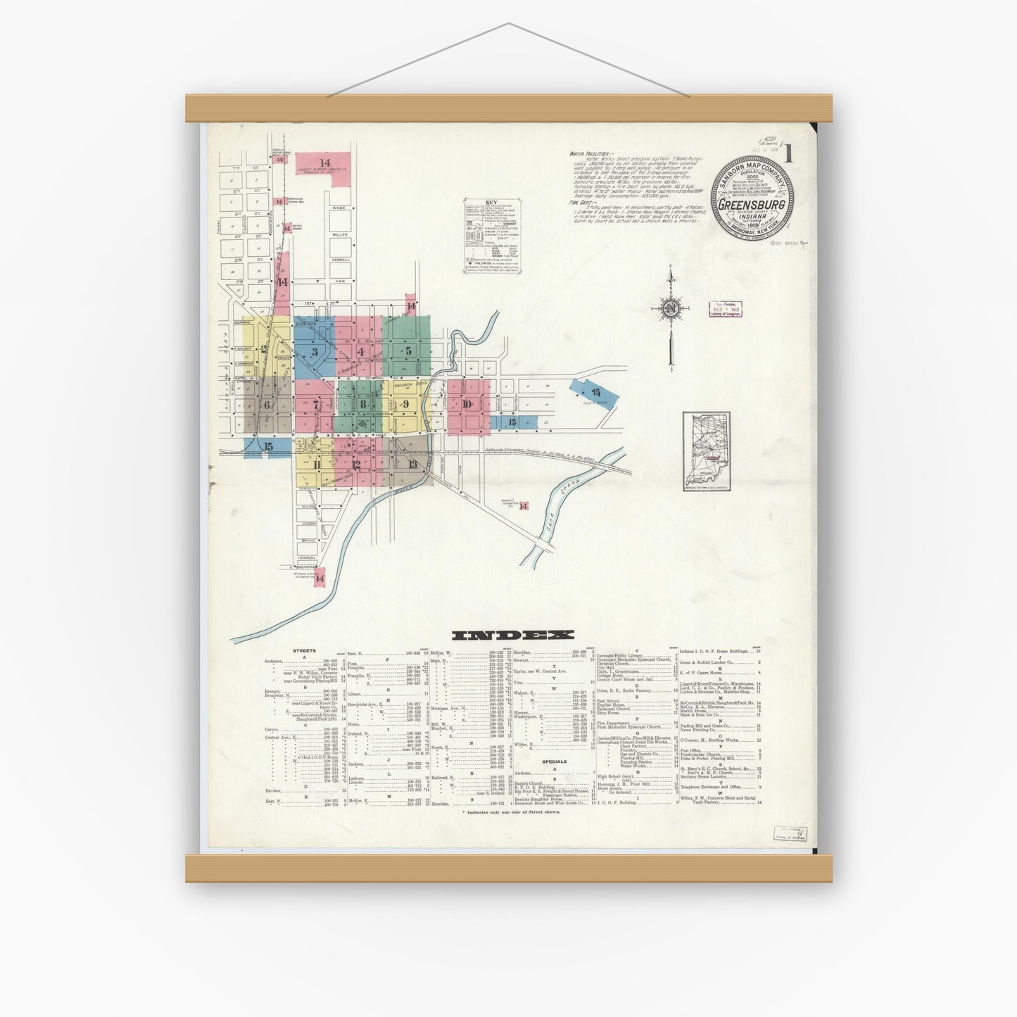 Old map wall art mockup — magnetic wood frame on white wall — Sanborn Fire Insurance Map from Greensburg, Decatur County, Indiana (1913) - Complete Map Set