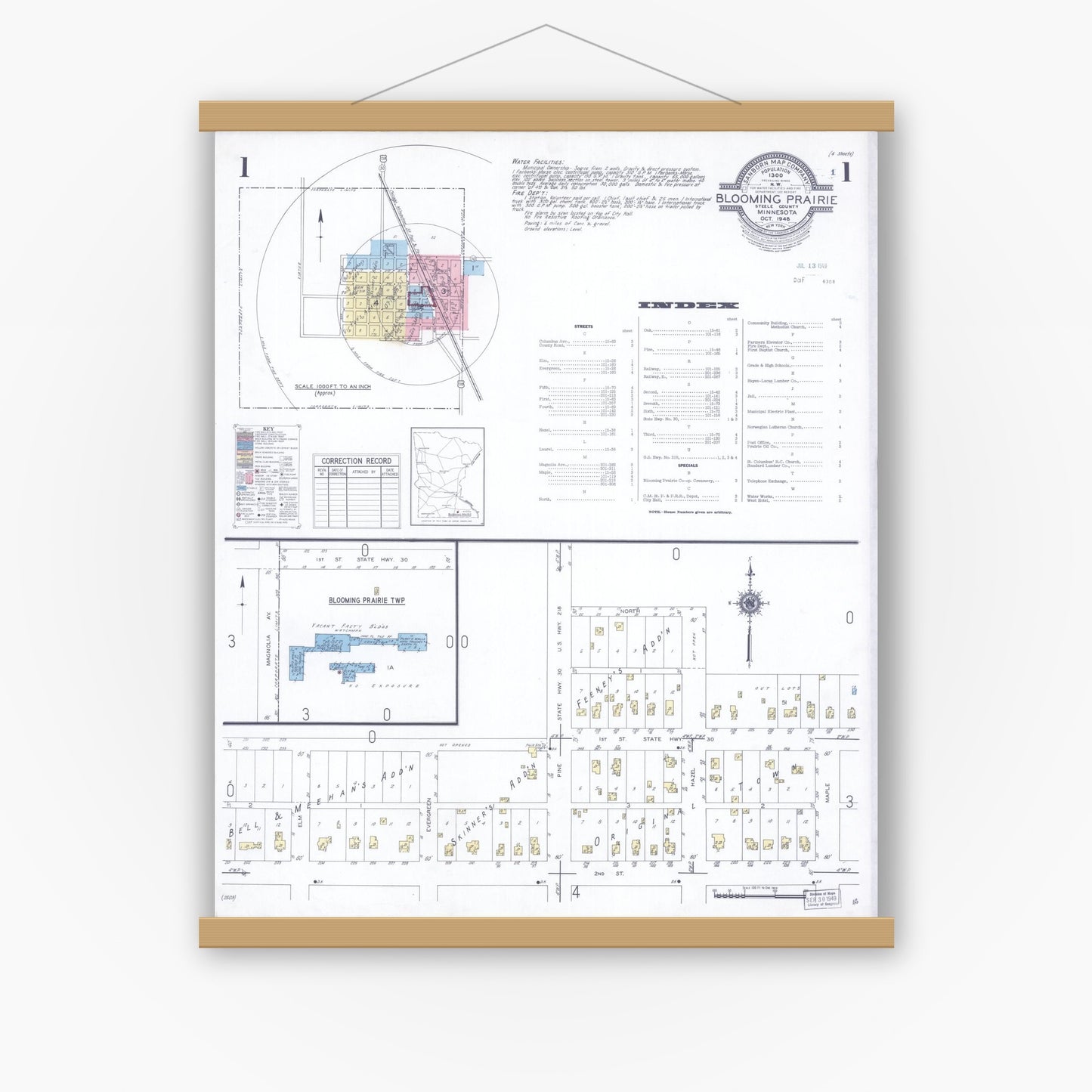 Old map wall art mockup — magnetic wood frame on white wall — Sanborn Fire Insurance Map from Blooming Prairie, Steele County, Minnesota (1948), Sheet #0001