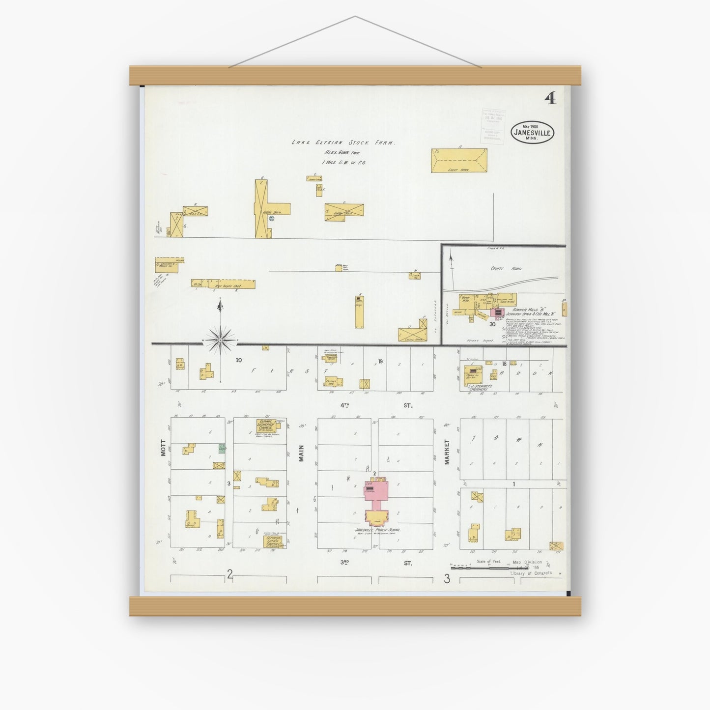 Old map wall art mockup — magnetic wood frame on white wall — Sanborn Fire Insurance Map from Janesville, Waseca County, Minnesota (1900), Sheet #0004