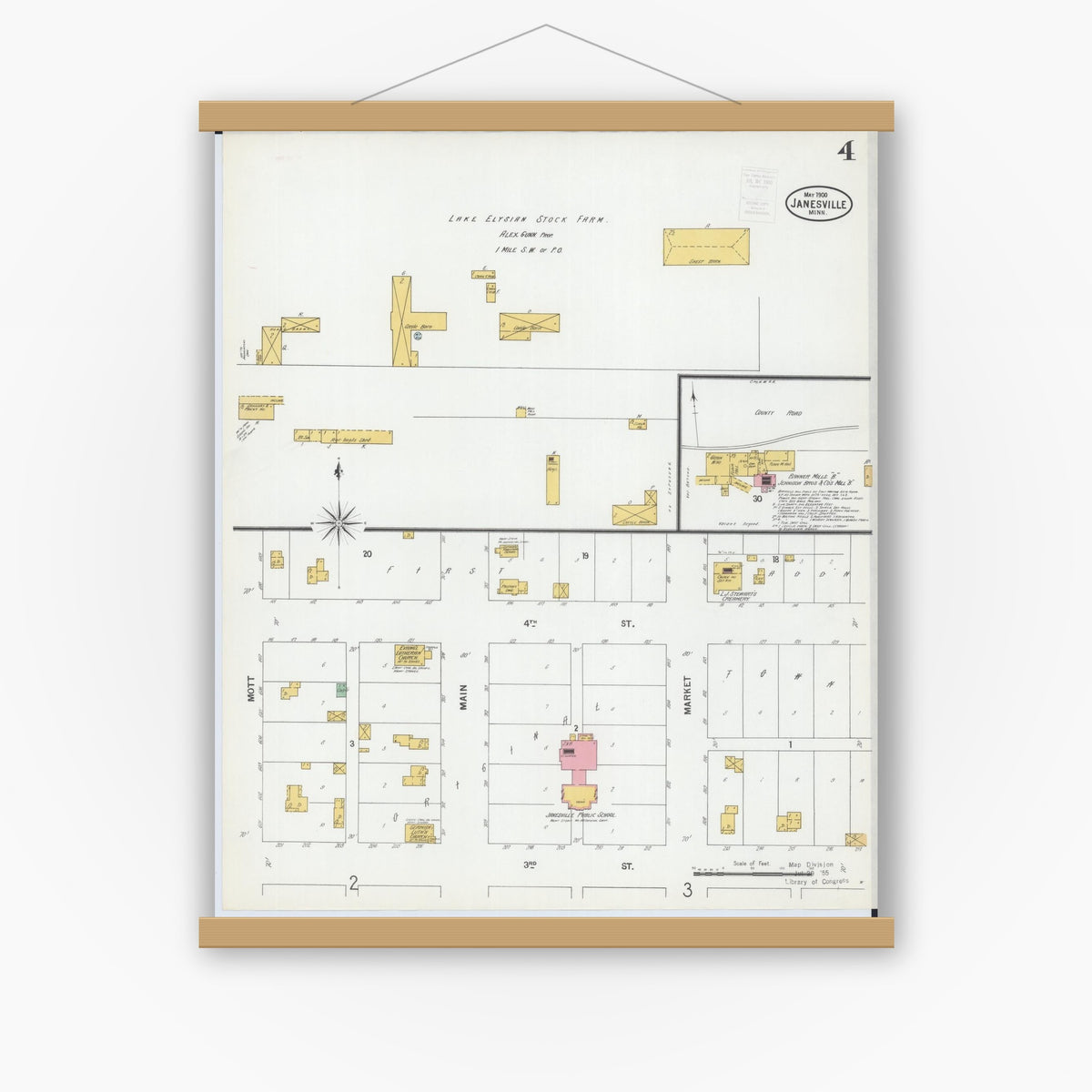 Old map wall art mockup — magnetic wood frame on white wall — Sanborn Fire Insurance Map from Janesville, Waseca County, Minnesota (1900), Sheet #0004