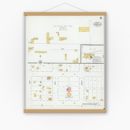Old map wall art mockup — magnetic wood frame on white wall — Sanborn Fire Insurance Map from Janesville, Waseca County, Minnesota (1900), Sheet #0004