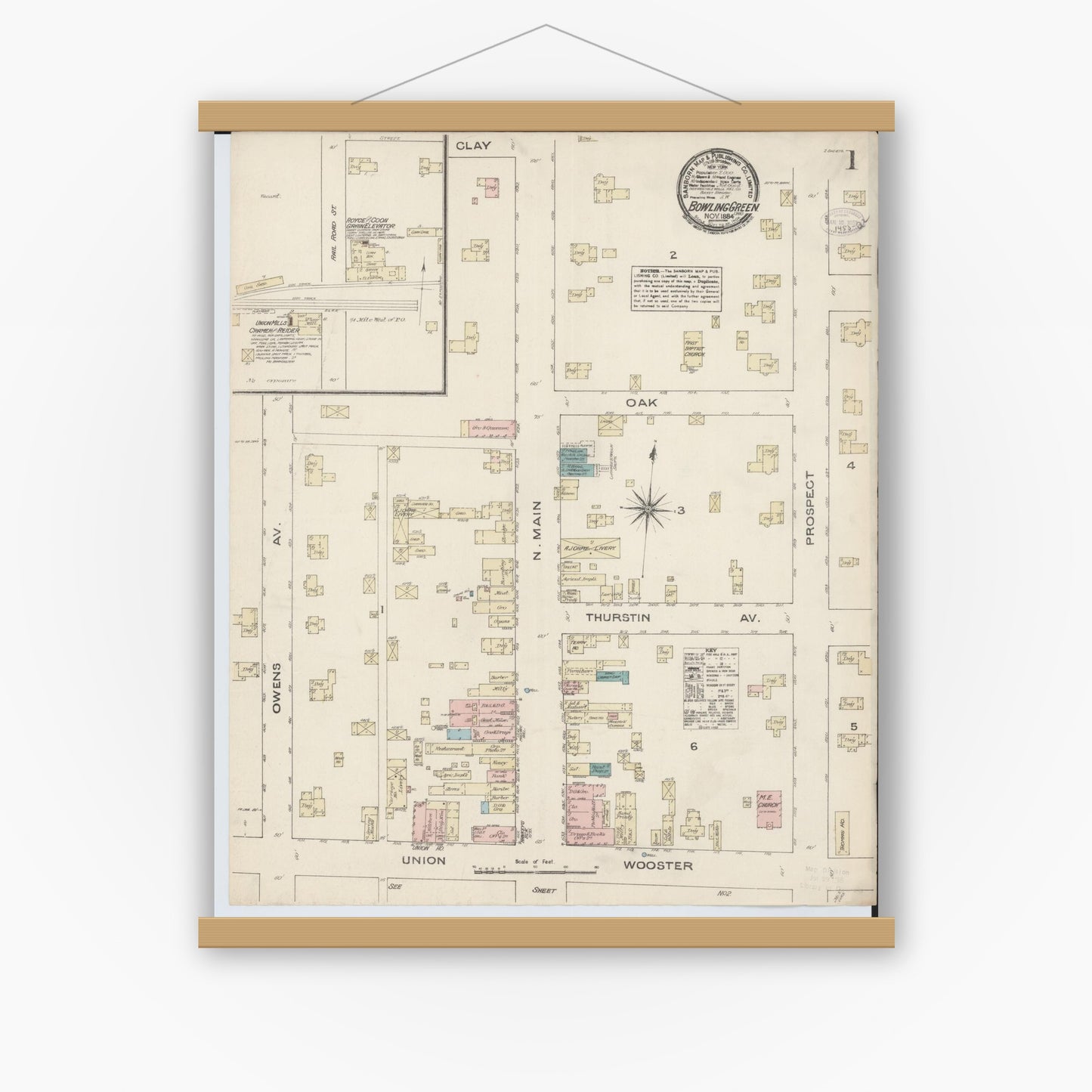 Old map wall art mockup — magnetic wood frame on white wall — Sanborn Fire Insurance Map from Bowling Green, Wood County, Ohio (1884), Sheet #0001