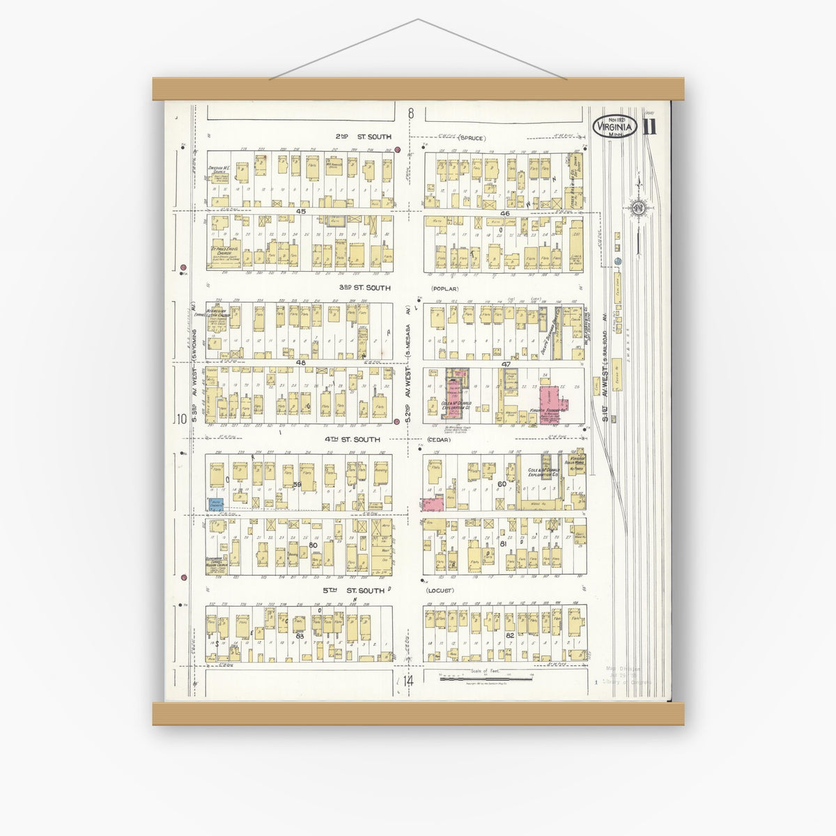 Old map wall art mockup — magnetic wood frame on white wall — Sanborn Fire Insurance Map from Virginia, Saint Louis County, Minnesota (1921), Sheet #0011