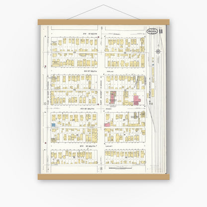 Old map wall art mockup — magnetic wood frame on white wall — Sanborn Fire Insurance Map from Virginia, Saint Louis County, Minnesota (1921), Sheet #0011