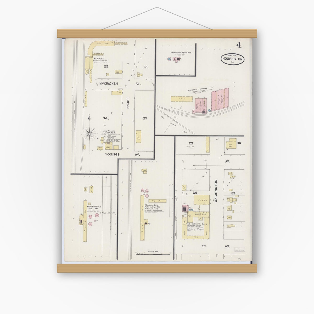 Old map wall art mockup — magnetic wood frame on white wall — Sanborn Fire Insurance Map from Hoopeston, Vermilion County, Illinois (1890), Sheet #0004
