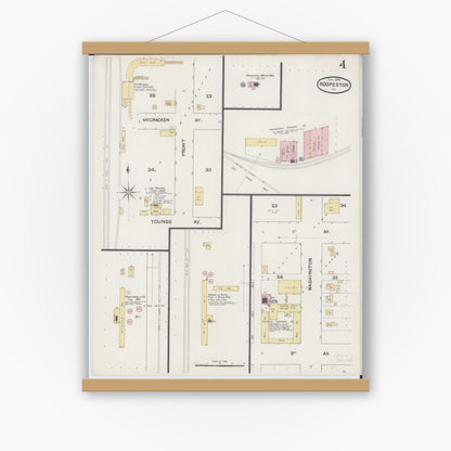 Old map wall art mockup — magnetic wood frame on white wall — Sanborn Fire Insurance Map from Hoopeston, Vermilion County, Illinois (1890), Sheet #0004