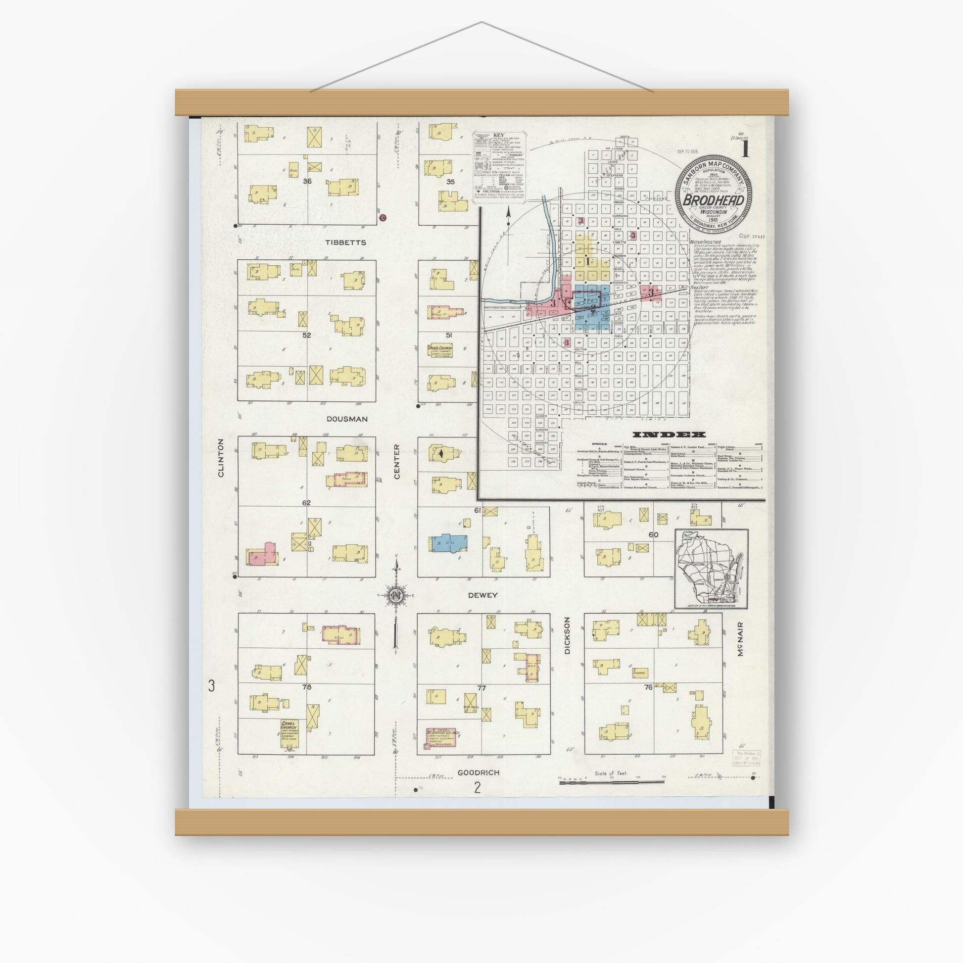 Old map wall art mockup — magnetic wood frame on white wall — Sanborn Fire Insurance Map from Brodhead, Green County, Wisconsin (1915), Sheet #0001