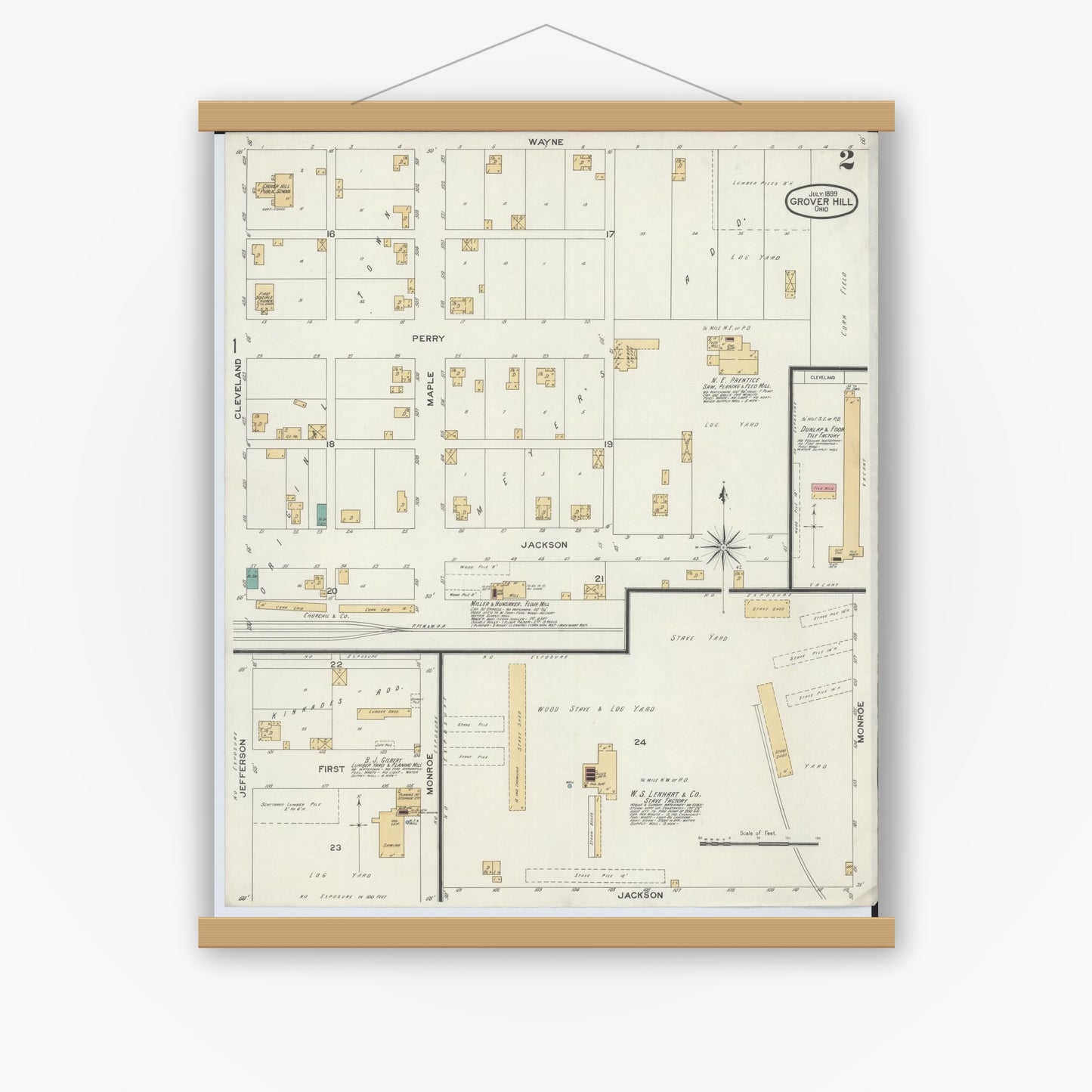 Old map wall art mockup — magnetic wood frame on white wall — Sanborn Fire Insurance Map from Grover Hill, Paulding County, Ohio (1899), Sheet #0002