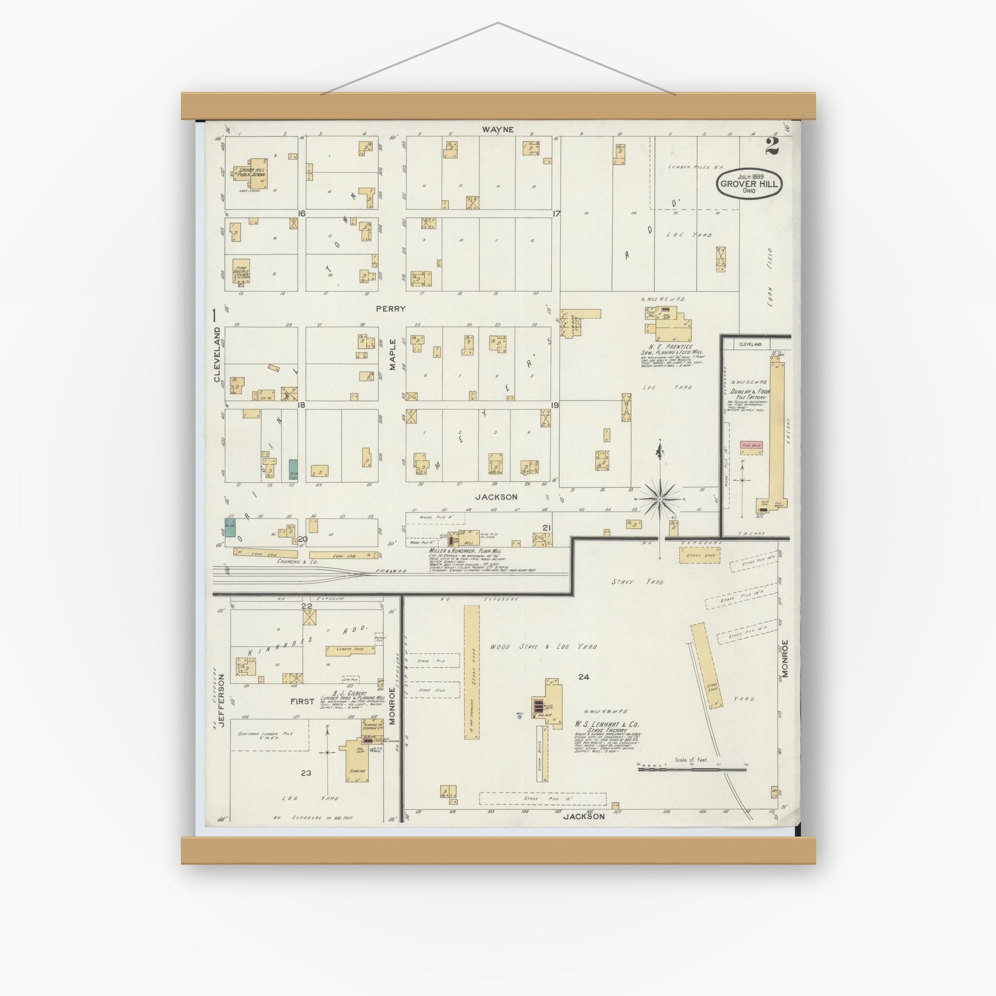 Old map wall art mockup — magnetic wood frame on white wall — Sanborn Fire Insurance Map from Grover Hill, Paulding County, Ohio (1899), Sheet #0002