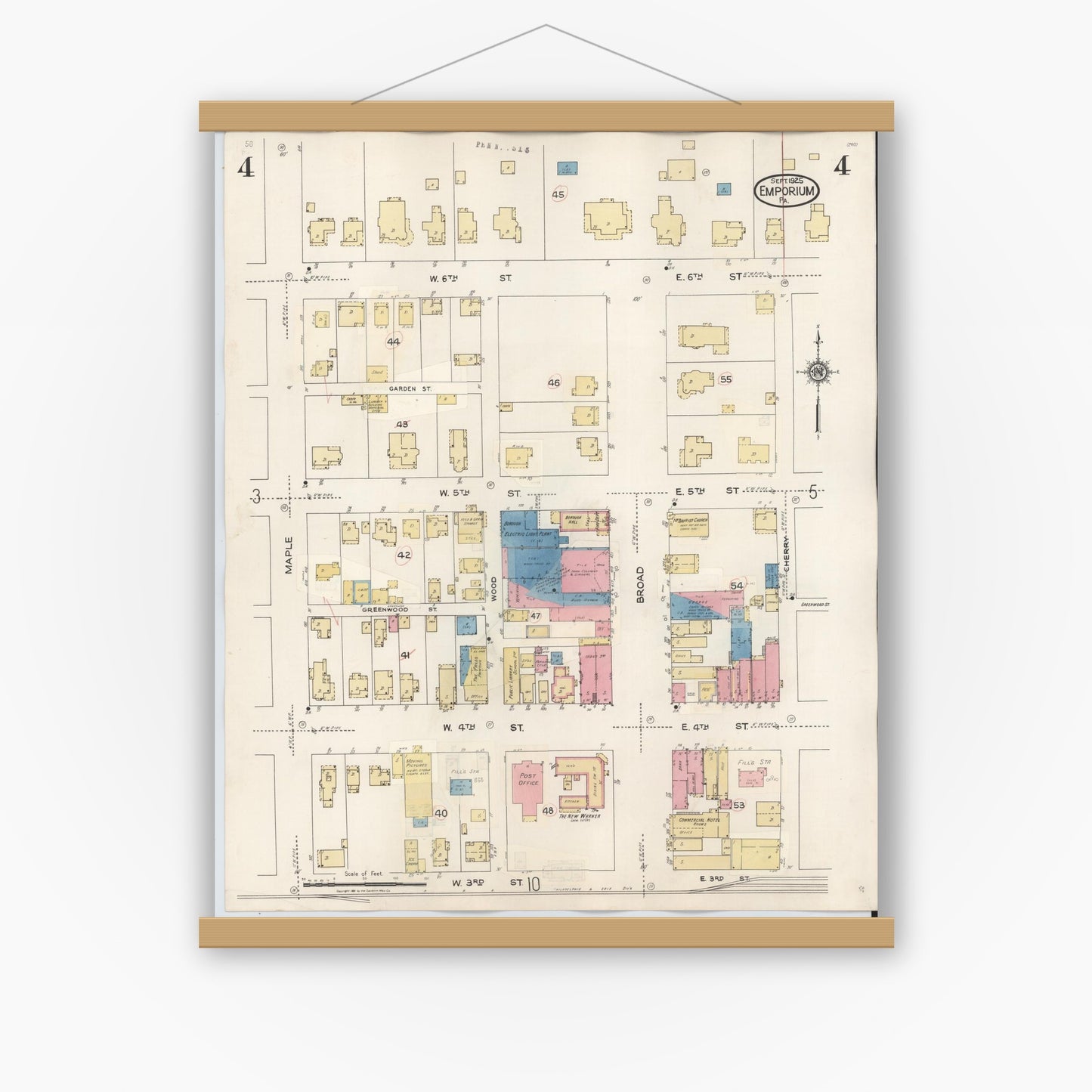 Old map wall art mockup — magnetic wood frame on white wall — Sanborn Fire Insurance Map from Emporium, Cameron County, Pennsylvania (1938), Sheet #0004