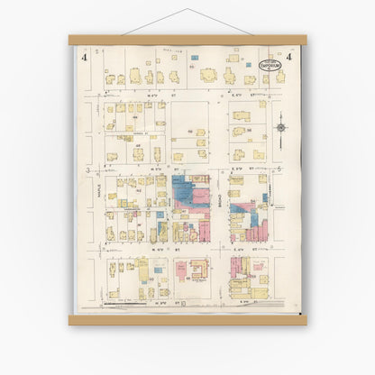 Old map wall art mockup — magnetic wood frame on white wall — Sanborn Fire Insurance Map from Emporium, Cameron County, Pennsylvania (1938), Sheet #0004