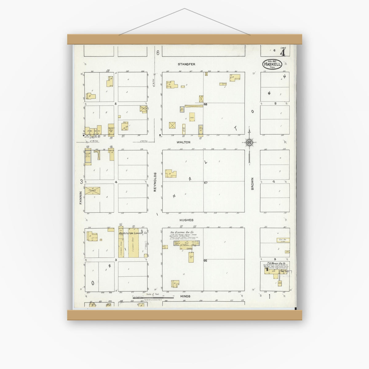 Old map wall art mockup — magnetic wood frame on white wall — Sanborn Fire Insurance Map from Haskell, Haskell County, Texas (1921), Sheet #0004
