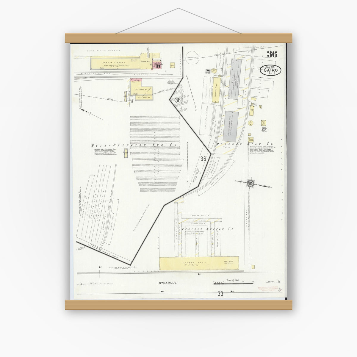 Old map wall art mockup — magnetic wood frame on white wall — Sanborn Fire Insurance Map from Cairo, Alexander County, Illinois (1914), Sheet #0036