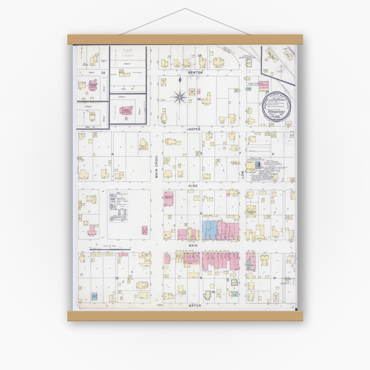 Old map wall art mockup — magnetic wood frame on white wall — Sanborn Fire Insurance Map from Frankford, Pike County, Missouri (1896), Sheet #0001