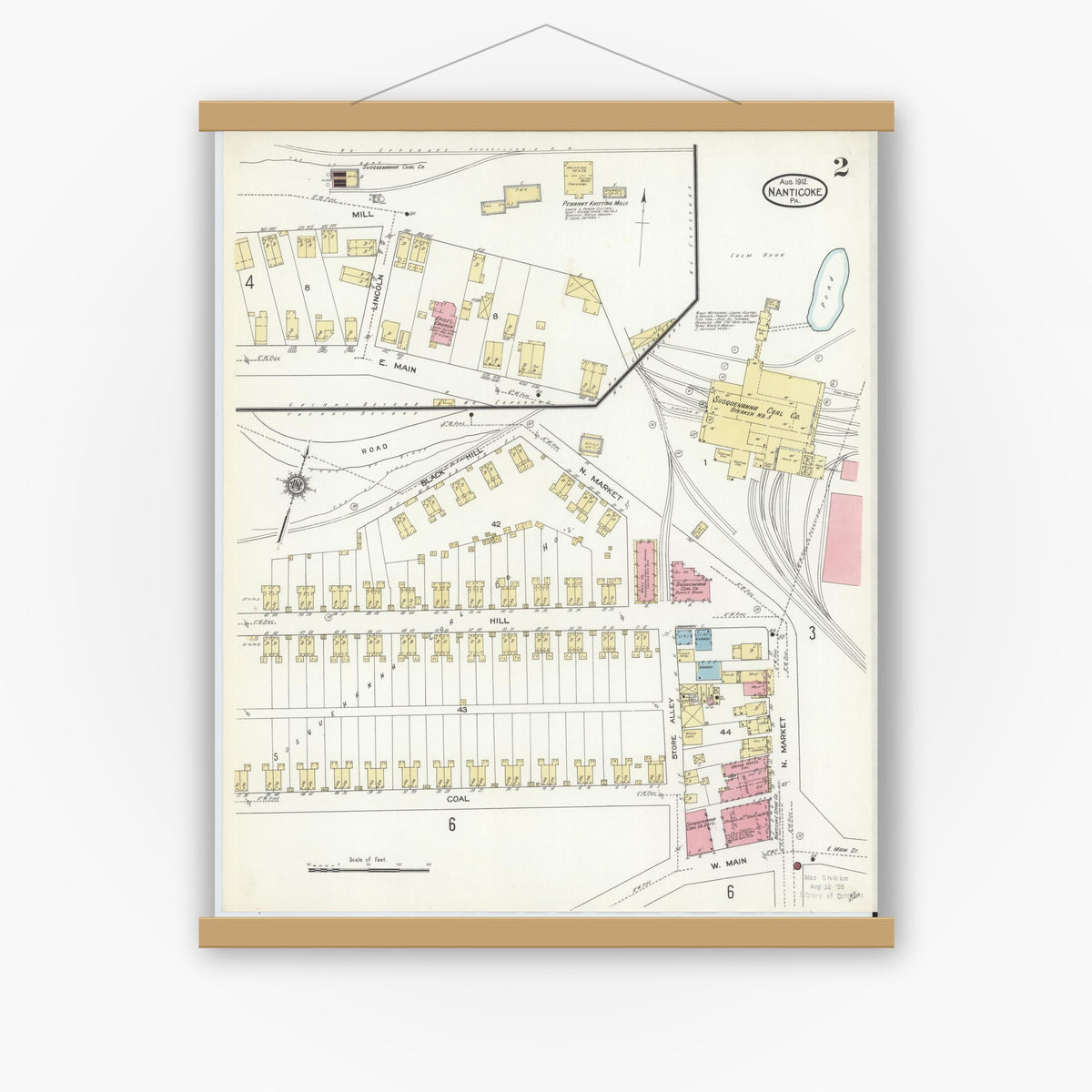 Old map wall art mockup — magnetic wood frame on white wall — Sanborn Fire Insurance Map from Nanticoke, Luzerne County, Pennsylvania (1912), Sheet #0002