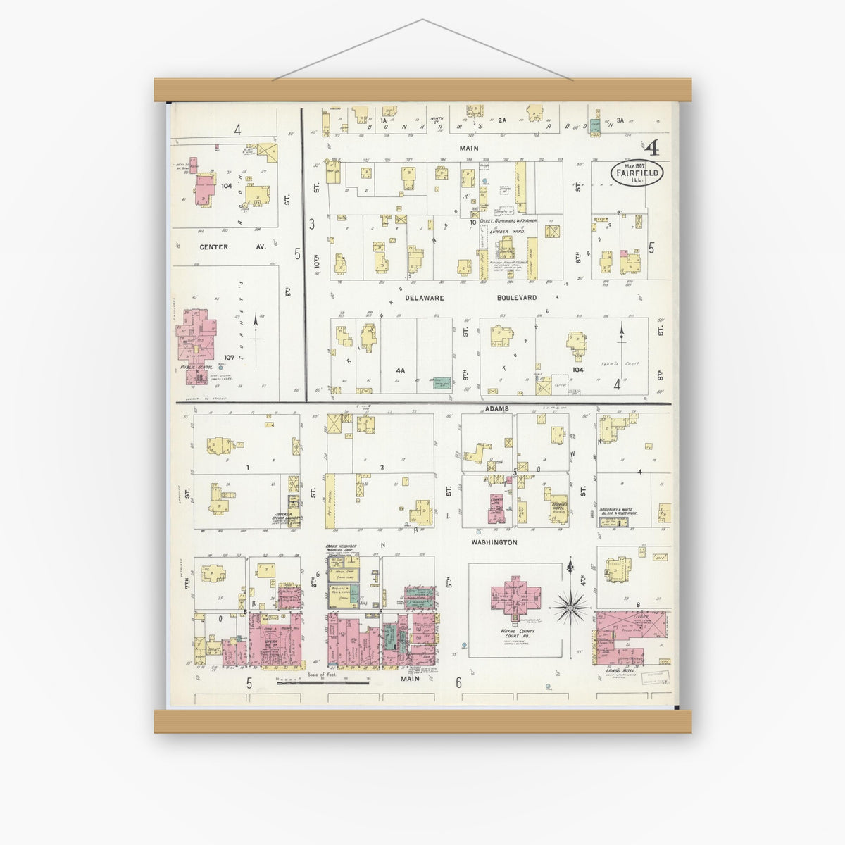 Old map wall art mockup — magnetic wood frame on white wall — Sanborn Fire Insurance Map from Fairfield, Wayne County, Illinois (1907), Sheet #0004