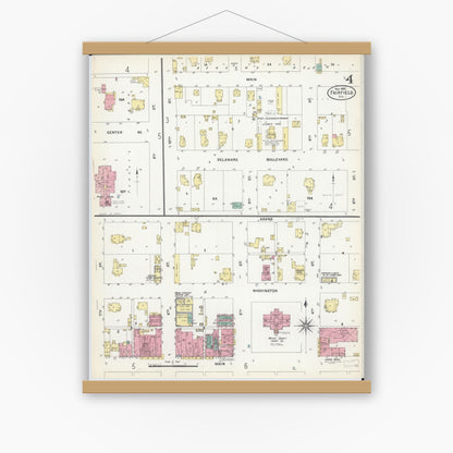 Old map wall art mockup — magnetic wood frame on white wall — Sanborn Fire Insurance Map from Fairfield, Wayne County, Illinois (1907), Sheet #0004
