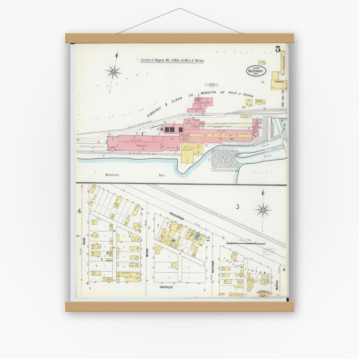 Old map wall art mockup — magnetic wood frame on white wall — Sanborn Fire Insurance Map from Norway, Dickinson County, Michigan (1900), Sheet #0005