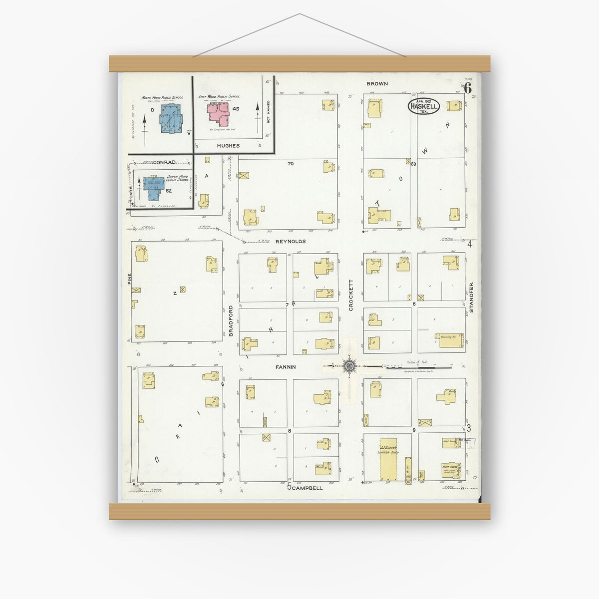 Old map wall art mockup — magnetic wood frame on white wall — Sanborn Fire Insurance Map from Haskell, Haskell County, Texas (1921), Sheet #0006
