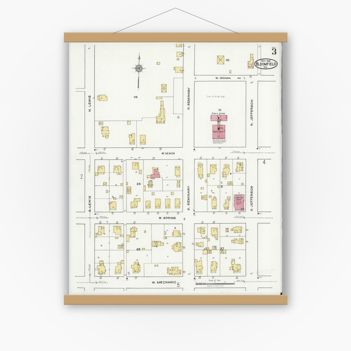 Old map wall art mockup — magnetic wood frame on white wall — Sanborn Fire Insurance Map from Bloomfield, Greene County, Indiana (1921), Sheet #0003