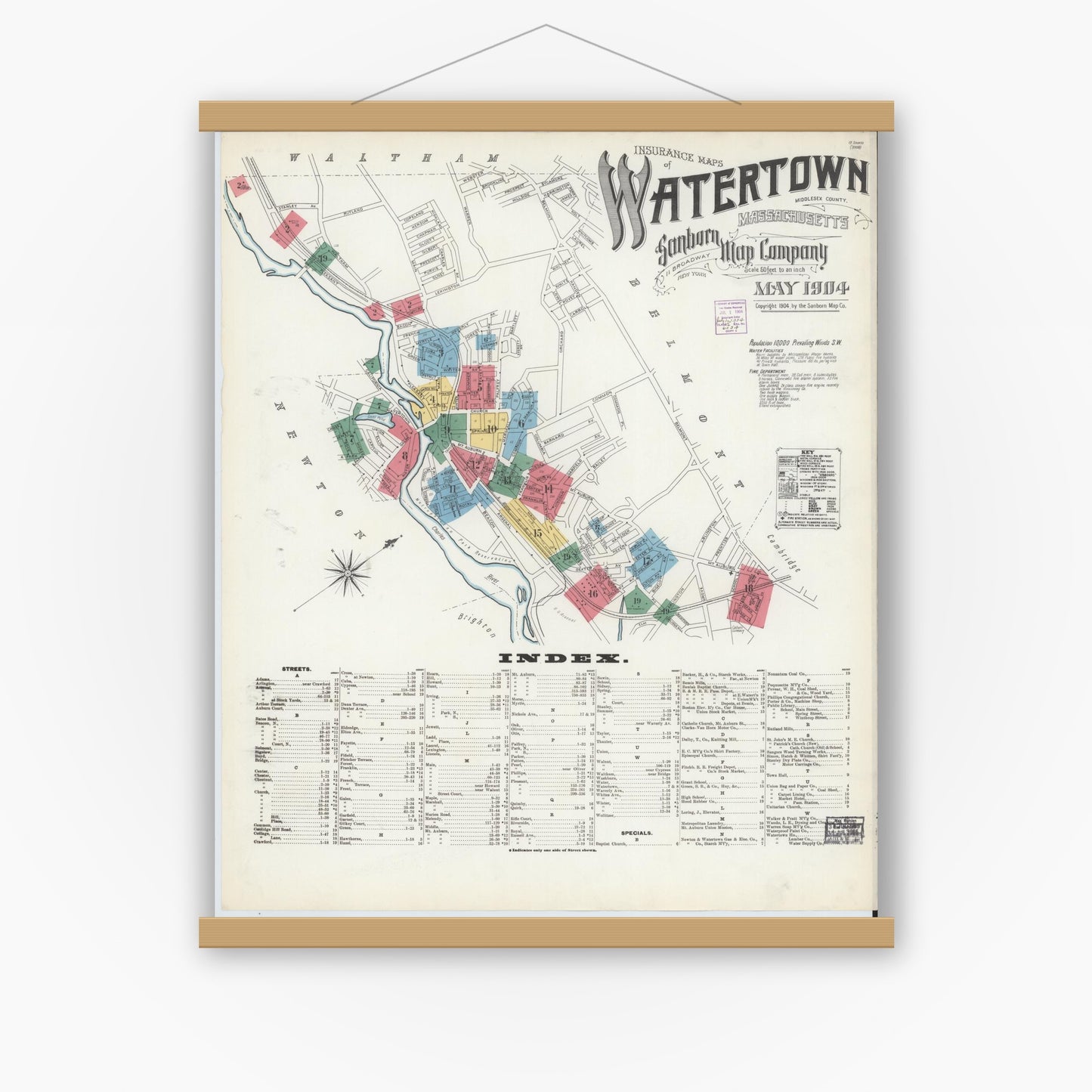 Old map wall art mockup — magnetic wood frame on white wall — Sanborn Fire Insurance Map from Watertown, Middlesex County, Massachusetts (1904) - Complete Map Set