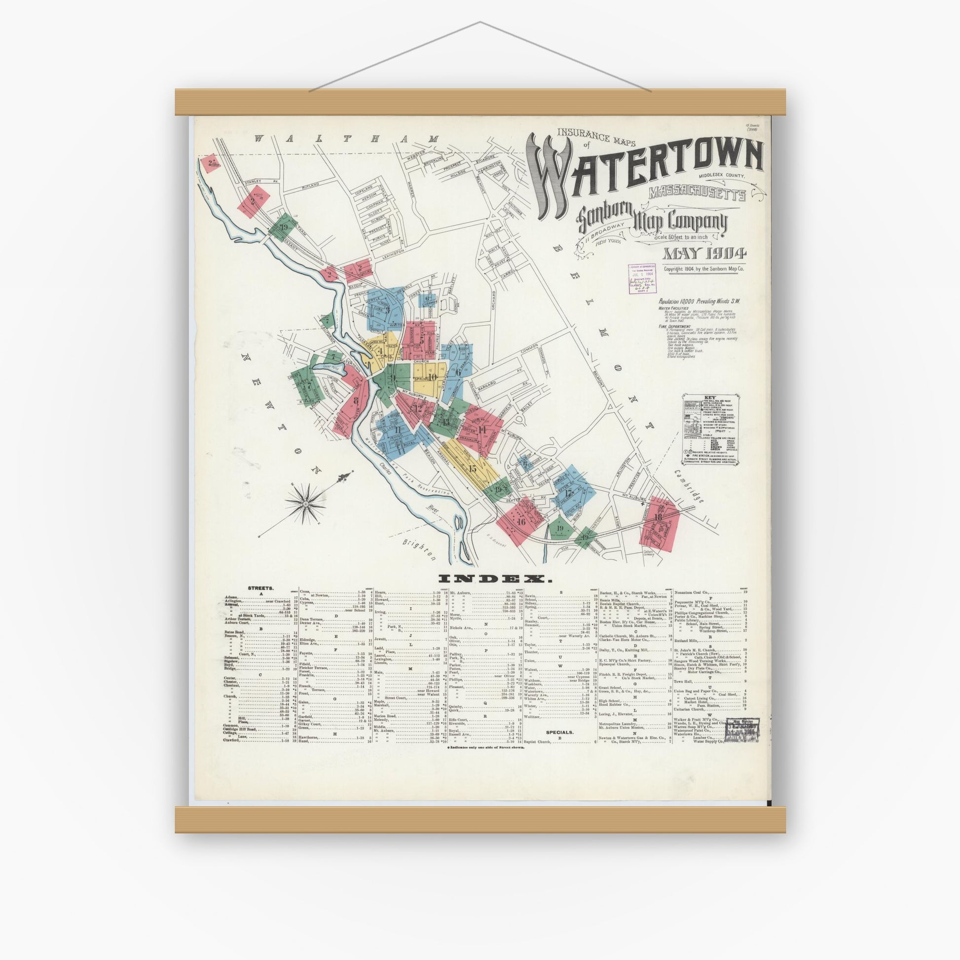 Old map wall art mockup — magnetic wood frame on white wall — Sanborn Fire Insurance Map from Watertown, Middlesex County, Massachusetts (1904) - Complete Map Set