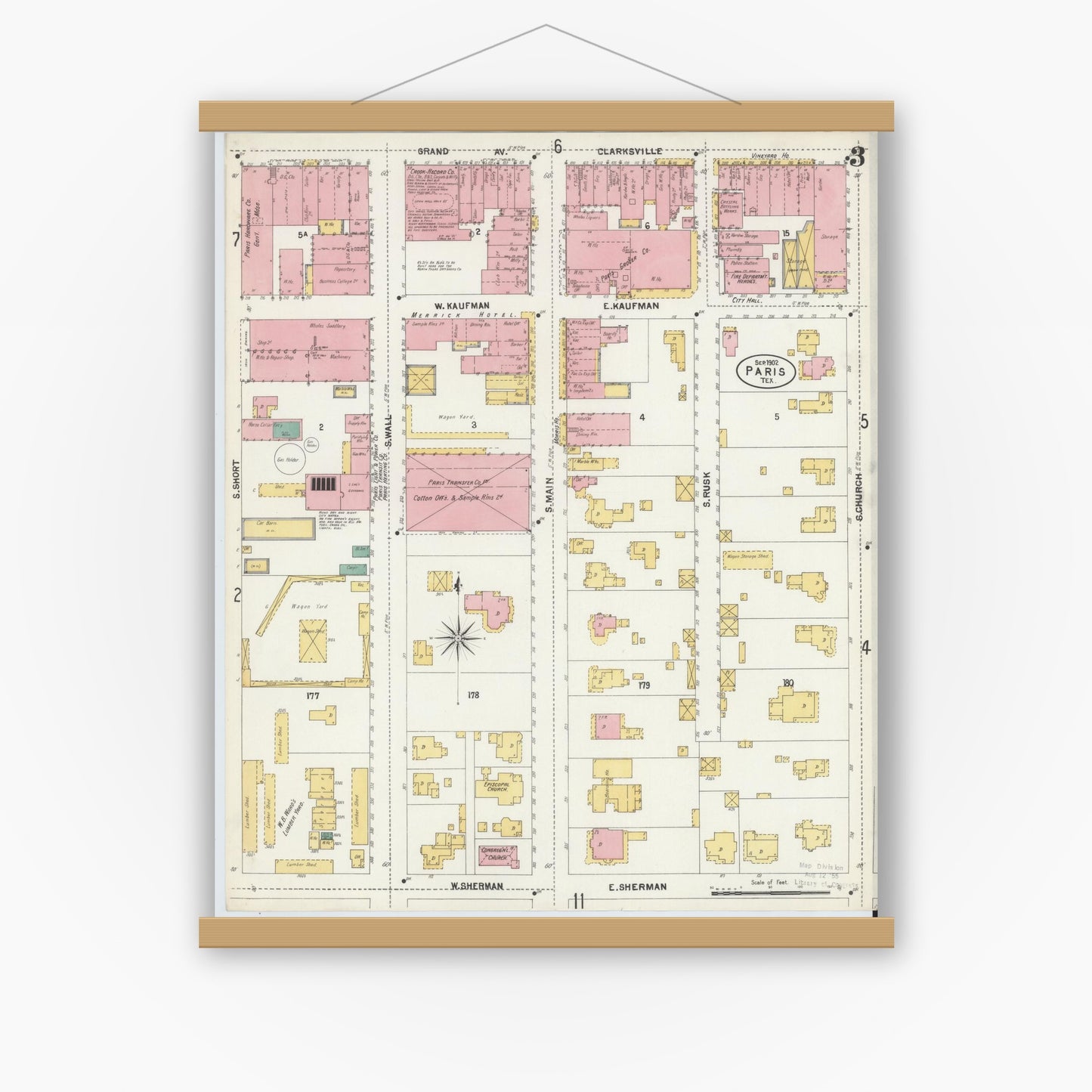 Old map wall art mockup — magnetic wood frame on white wall — Sanborn Fire Insurance Map from Paris, Lamar County, Texas (1902), Sheet #0003