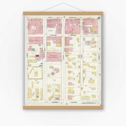 Old map wall art mockup — magnetic wood frame on white wall — Sanborn Fire Insurance Map from Paris, Lamar County, Texas (1902), Sheet #0003