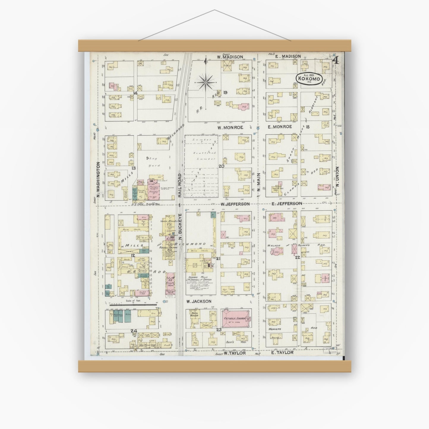 Old map wall art mockup — magnetic wood frame on white wall — Sanborn Fire Insurance Map from Kokomo, Howard County, Indiana (1889), Sheet #0004