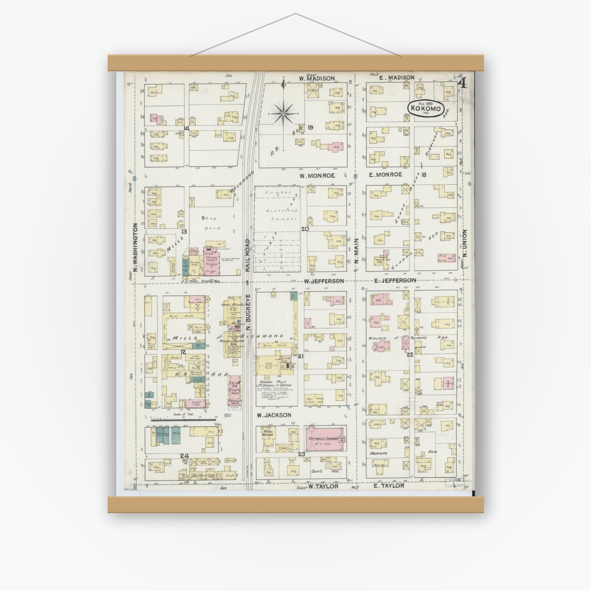Old map wall art mockup — magnetic wood frame on white wall — Sanborn Fire Insurance Map from Kokomo, Howard County, Indiana (1889), Sheet #0004