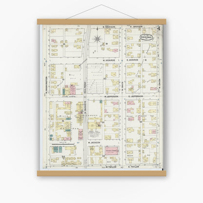 Old map wall art mockup — magnetic wood frame on white wall — Sanborn Fire Insurance Map from Kokomo, Howard County, Indiana (1889), Sheet #0004